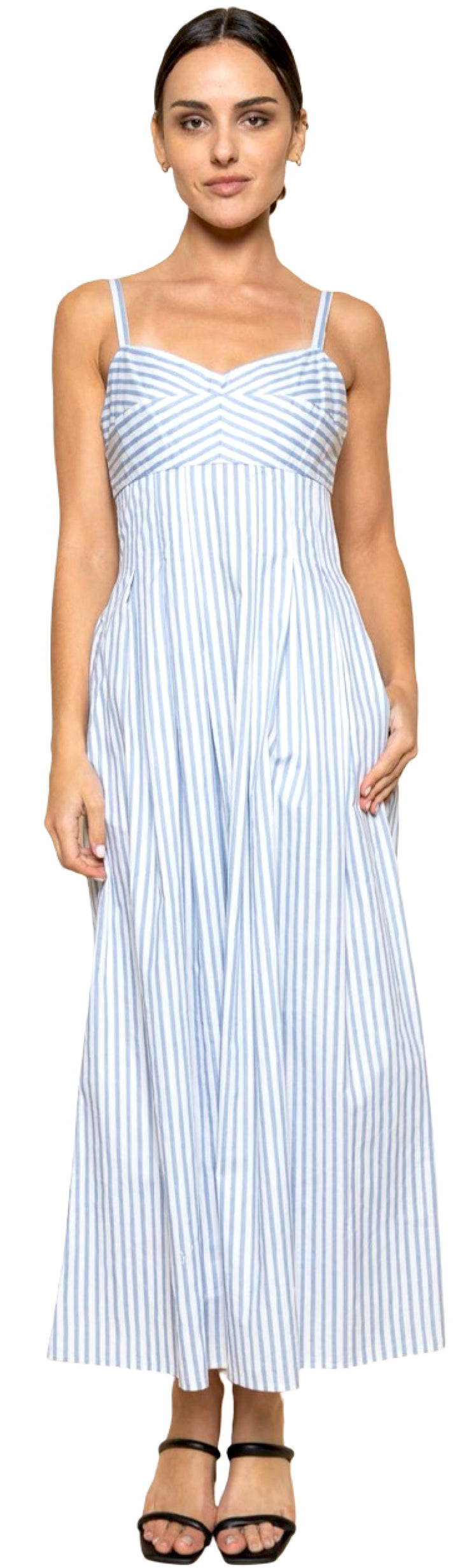 STRIPED WAIST PLEAT A-LINE MIDI DRESS