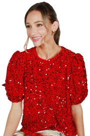 Velvet Sequin Accent Round Neck Puff Sleeve Blouse