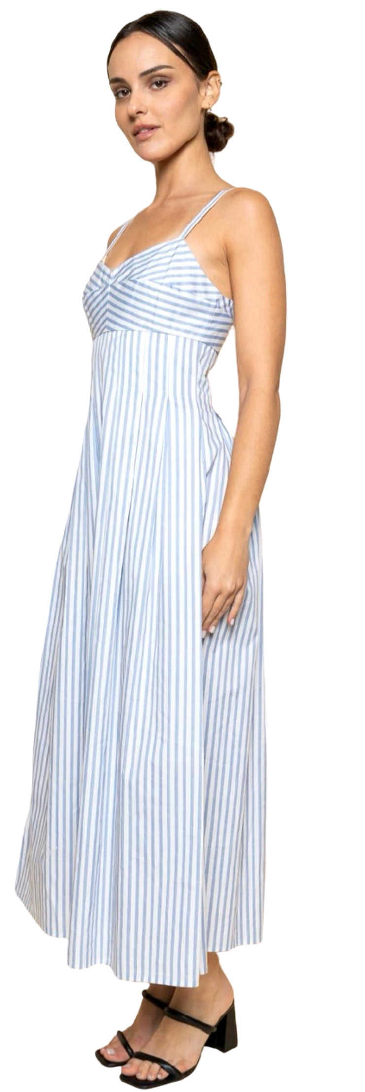 STRIPED WAIST PLEAT A-LINE MIDI DRESS
