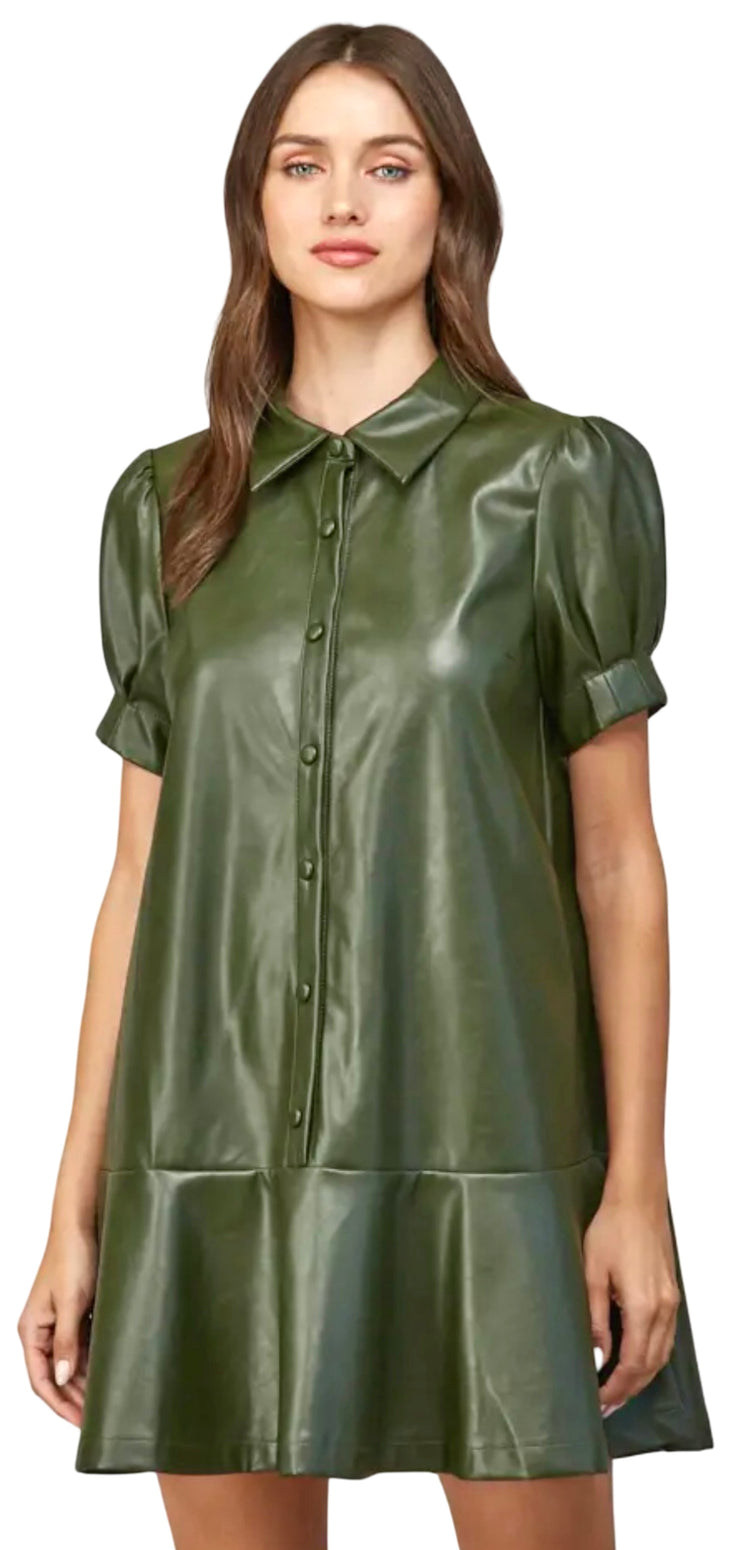 SHORT PUFF SLV FAUX LEATHER DRESS