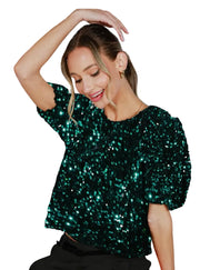 Velvet Sequin Accent Round Neck Puff Sleeve Blouse
