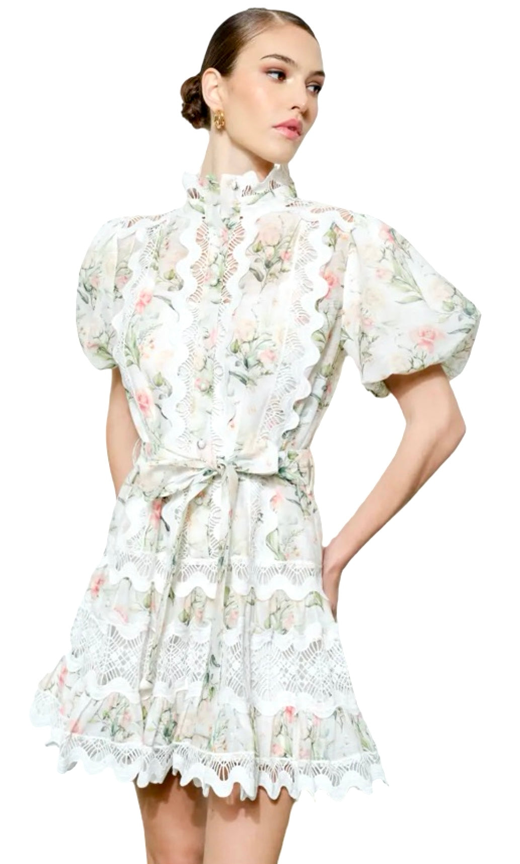 floral lace mock neck mini dress Afternoon Angel Floral Lace Mock-Neck Mini Dress Cream / S