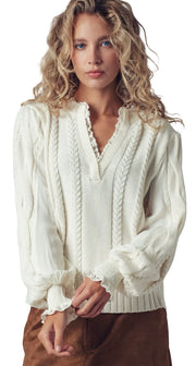 Lace Trim Cable Pullover Sweater