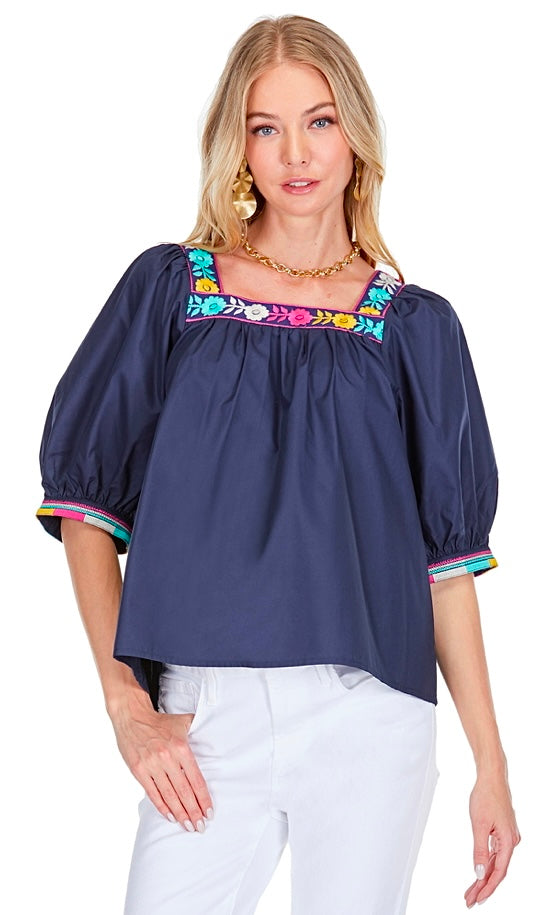 Square Neck Floral Trim Top