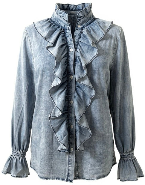 Denim Ruffled  Button Down Long Sleeve Top