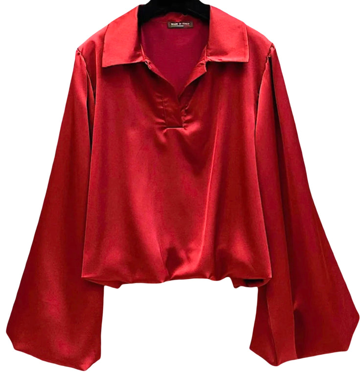 Satin Blouse w/ Balloon Sleeves