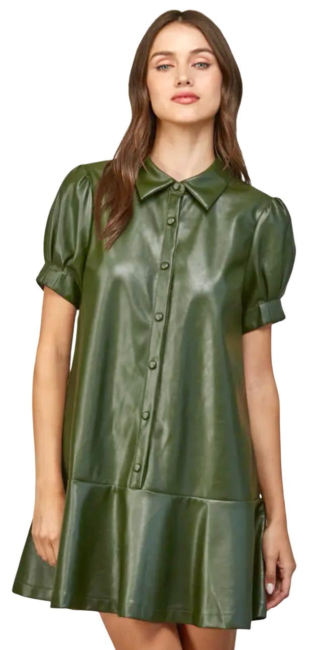 SHORT PUFF SLV FAUX LEATHER DRESS