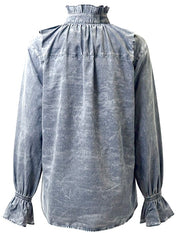 Denim Ruffled  Button Down Long Sleeve Top