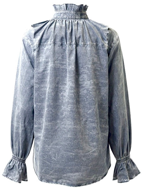 Denim Ruffled  Button Down Long Sleeve Top