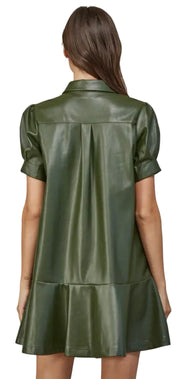 SHORT PUFF SLV FAUX LEATHER DRESS