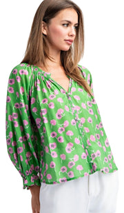 Print Bubble Sleeve Button Front Top