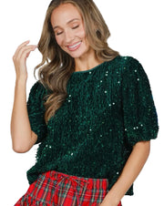 Velvet Sequin Accent Round Neck Puff Sleeve Blouse