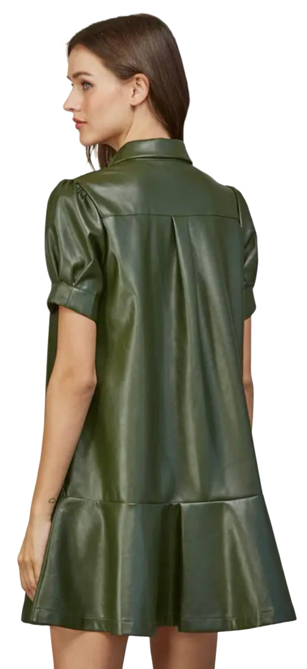 SHORT PUFF SLV FAUX LEATHER DRESS