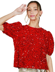Velvet Sequin Accent Round Neck Puff Sleeve Blouse