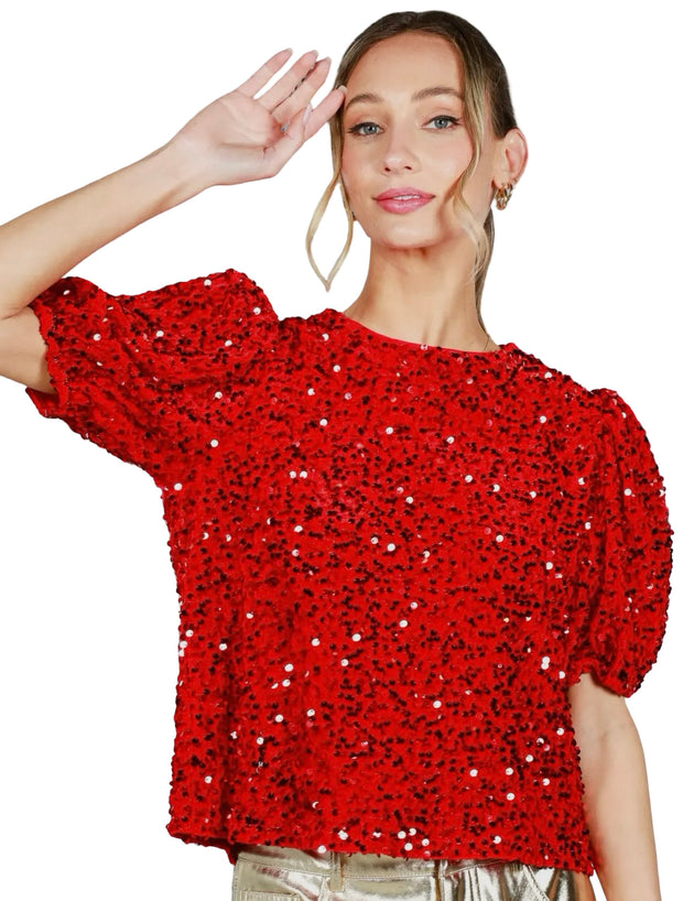 Velvet Sequin Accent Round Neck Puff Sleeve Blouse