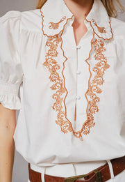 Embroidered Scallop Collar Puff Sleeve Shirt