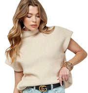 WIDE SHOULDER TURTLE NECK SHORT SLEEVE SWEATER TOP