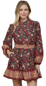 BORDER PRINT BELTED BUTTON DOWN MINI DRESS