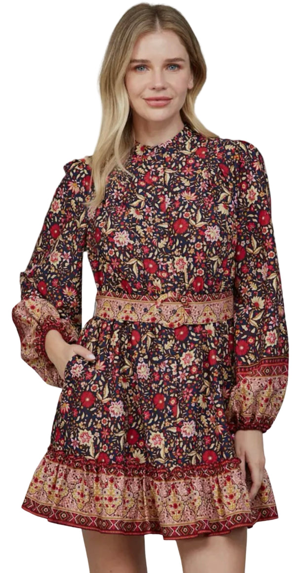 BORDER PRINT BELTED BUTTON DOWN MINI DRESS
