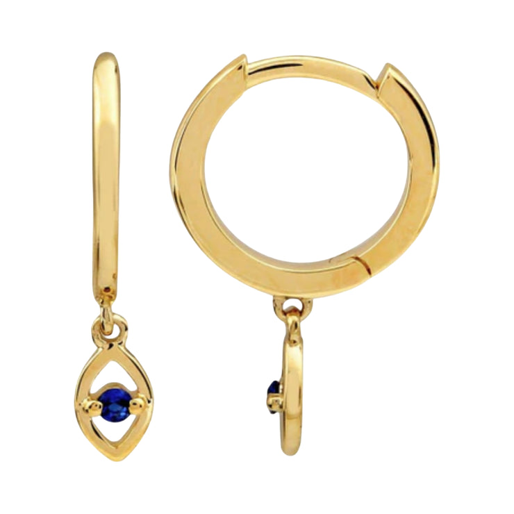14KT Gold Huggie w/ Sapphire Evil Eye Charm