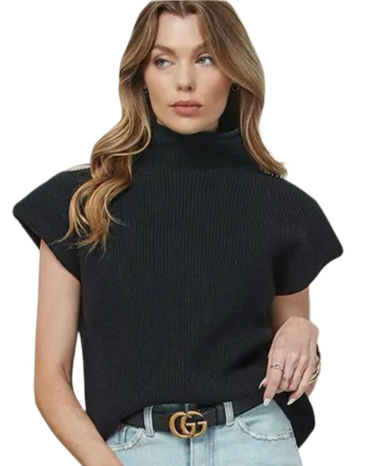 WIDE SHOULDER TURTLE NECK SHORT SLEEVE SWEATER TOP