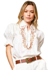 Embroidered Scallop Collar Puff Sleeve Shirt