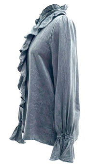 Denim Ruffled  Button Down Long Sleeve Top