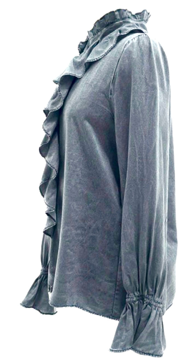 Denim Ruffled  Button Down Long Sleeve Top