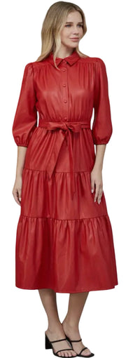 FAUX LEATHER TIERED MIDI DRESS