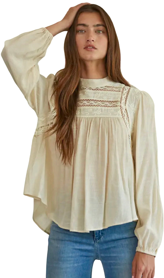Woven Long Sleeve Mock Neck Top
