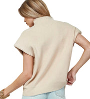 WIDE SHOULDER TURTLE NECK SHORT SLEEVE SWEATER TOP