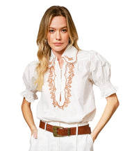 Embroidered Scallop Collar Puff Sleeve Shirt