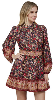 BORDER PRINT BELTED BUTTON DOWN MINI DRESS