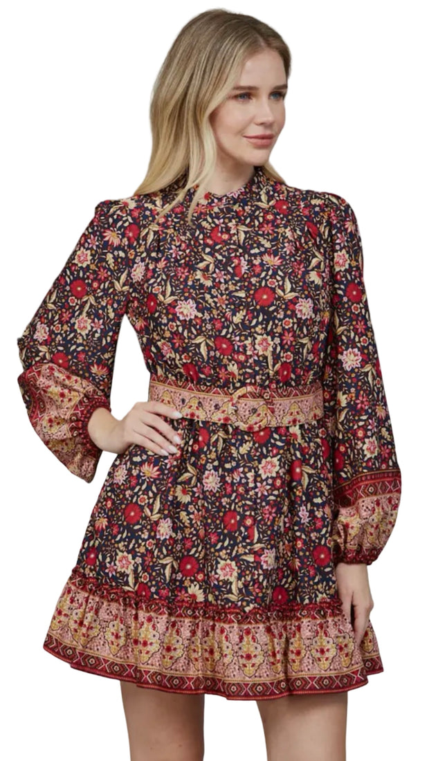 BORDER PRINT BELTED BUTTON DOWN MINI DRESS