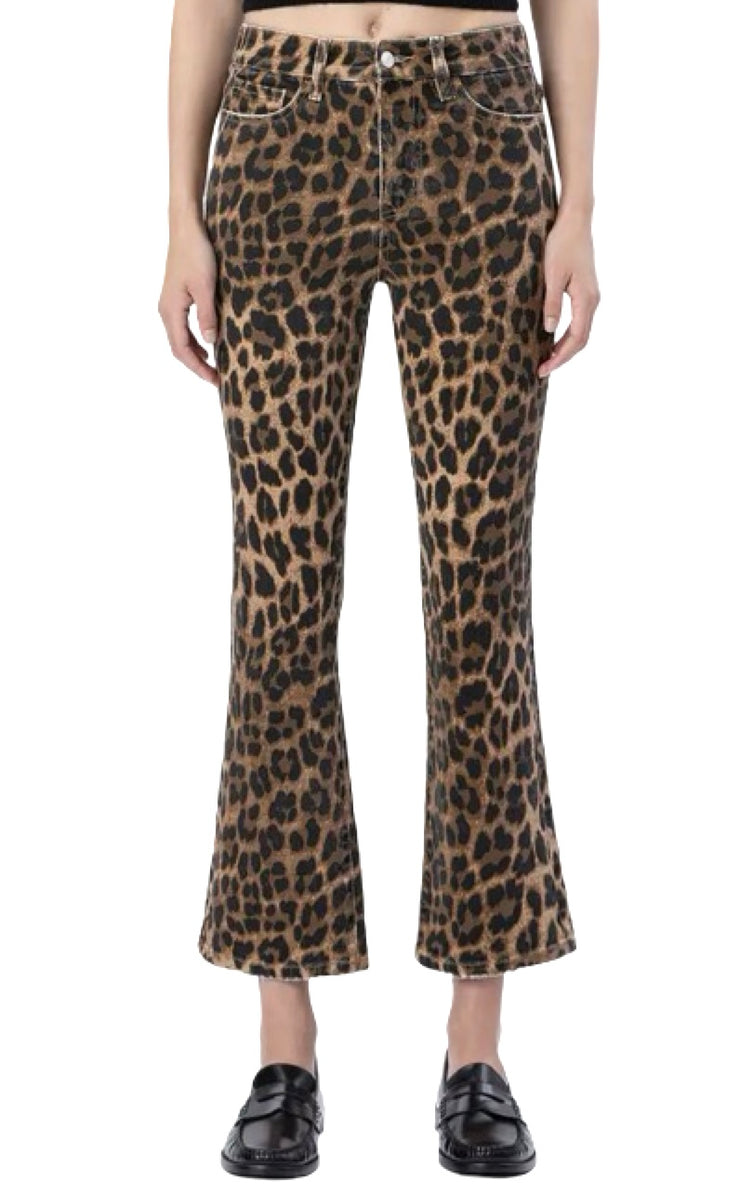 Mid Rise Leopard Print Kick Flare Jeans