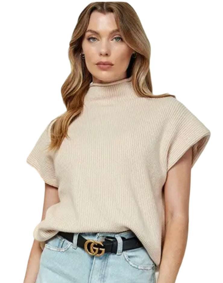 WIDE SHOULDER TURTLE NECK SHORT SLEEVE SWEATER TOP