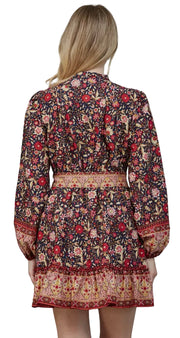 BORDER PRINT BELTED BUTTON DOWN MINI DRESS