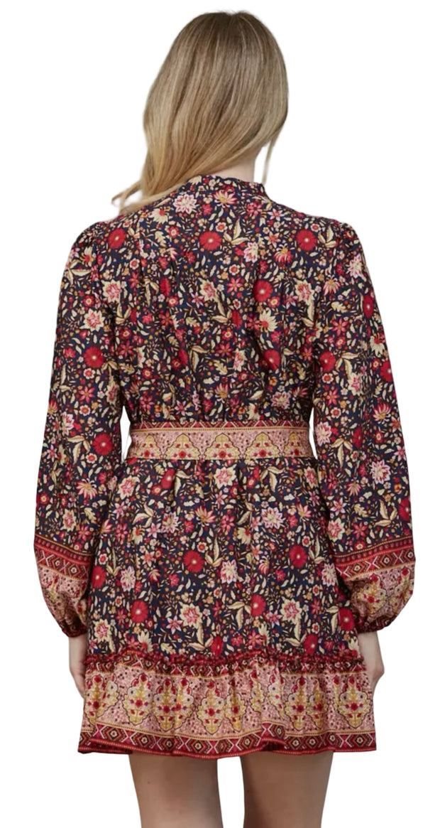 BORDER PRINT BELTED BUTTON DOWN MINI DRESS