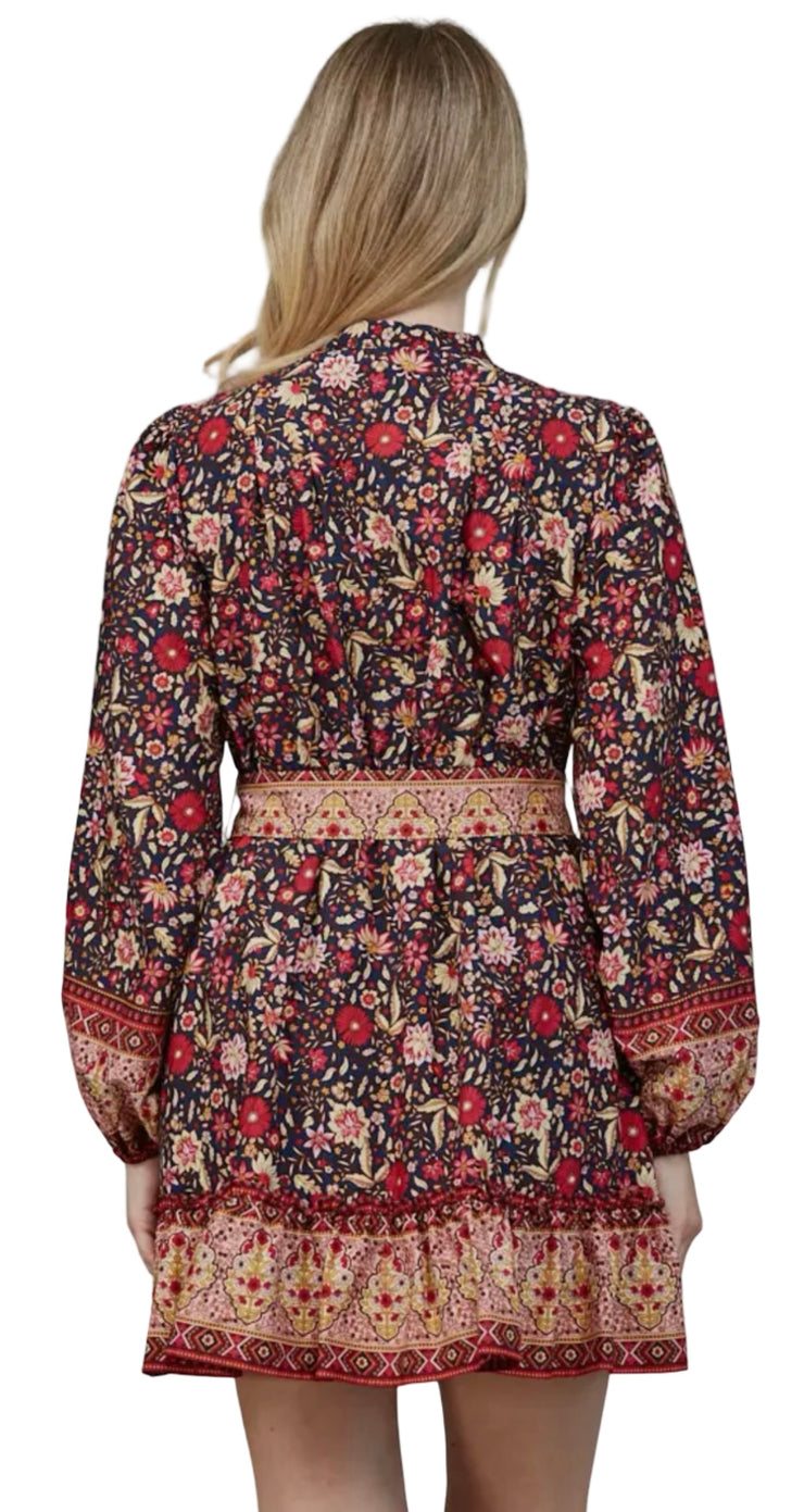 BORDER PRINT BELTED BUTTON DOWN MINI DRESS