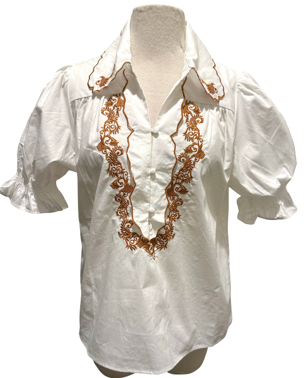 Embroidered Scallop Collar Puff Sleeve Shirt