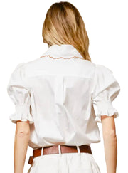 Embroidered Scallop Collar Puff Sleeve Shirt