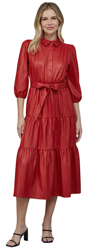 FAUX LEATHER TIERED MIDI DRESS