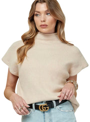 WIDE SHOULDER TURTLE NECK SHORT SLEEVE SWEATER TOP