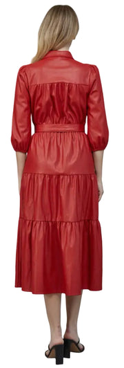 FAUX LEATHER TIERED MIDI DRESS