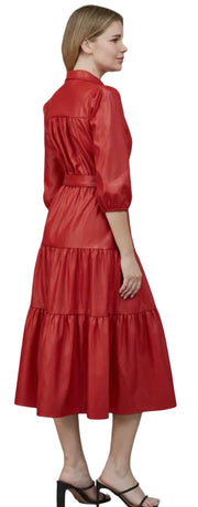 FAUX LEATHER TIERED MIDI DRESS