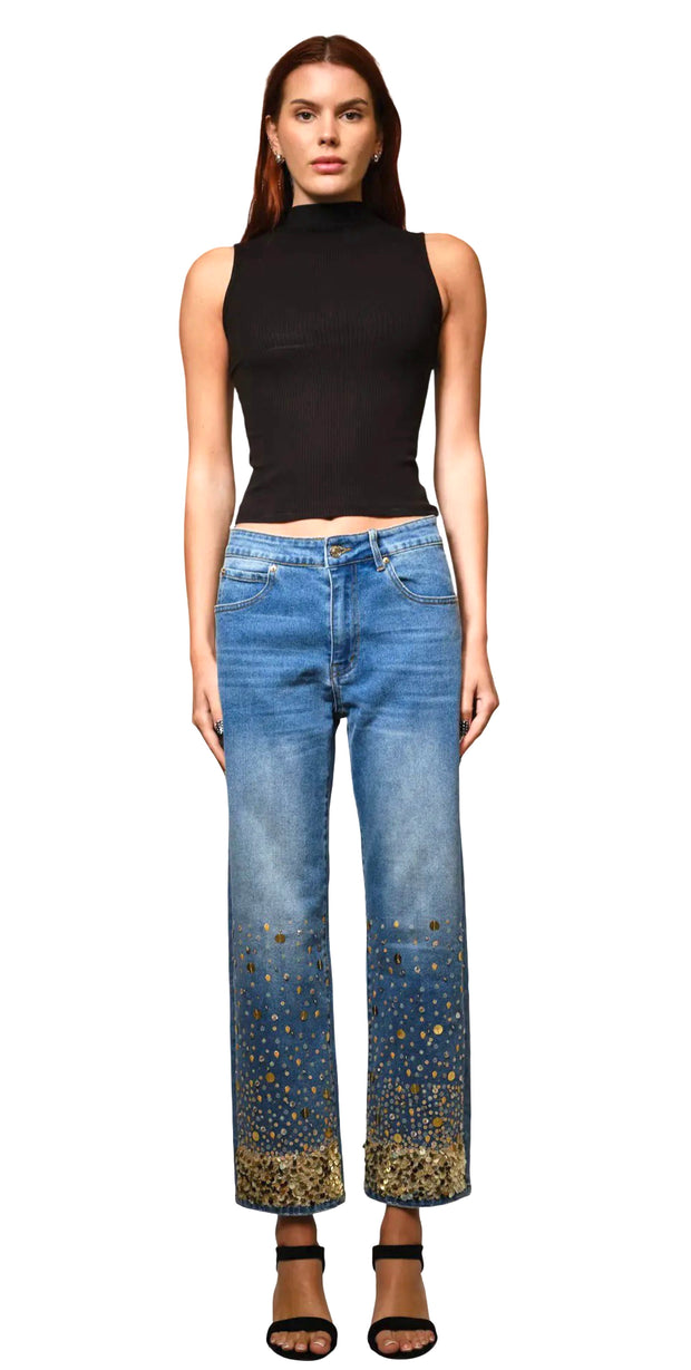 Gold Sequin Straight Leg Jeans