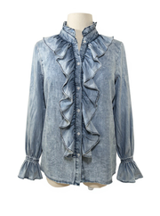 Denim Ruffled  Button Down Long Sleeve Top