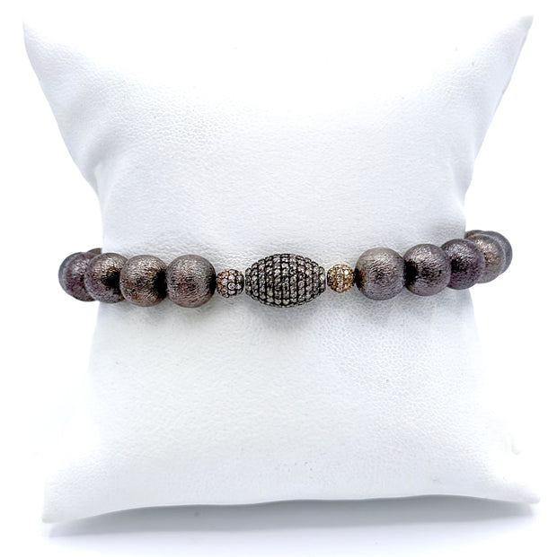 Rhodium Plated Copper Bead Bracelet with Two 14k Paved   Diamond Balls &  One Paved Diamond  Oval Bead