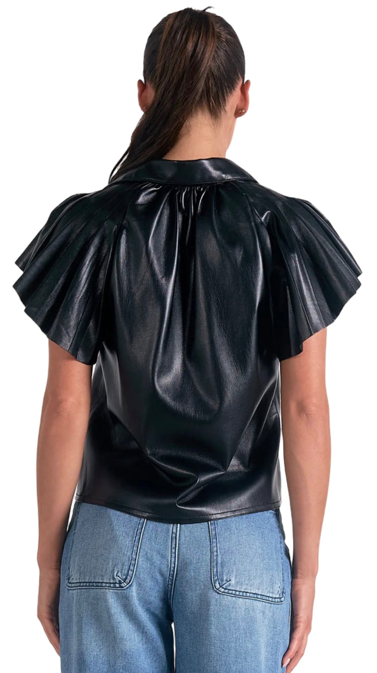 Faux Leather Flutter Sleeve Top