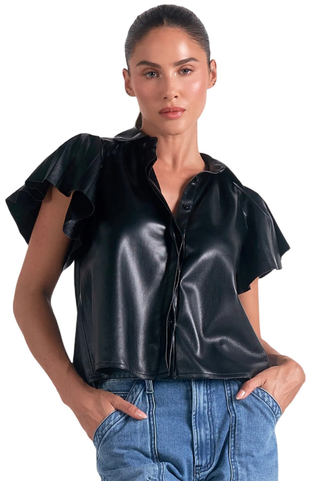 Faux Leather Flutter Sleeve Top